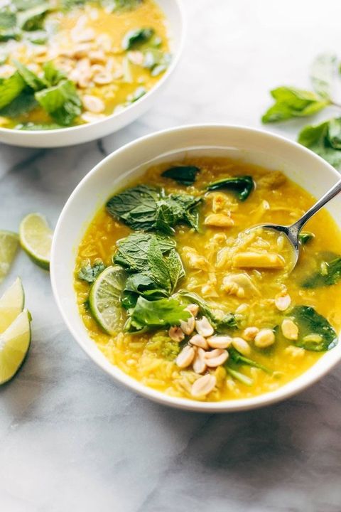 chicken and rice soup with peanuts and herbs