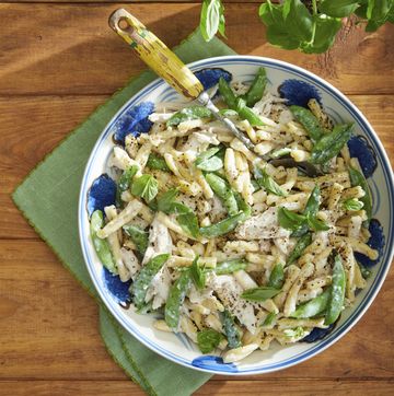 chicken and snap pea pasta with creamy garlicbasil sauce