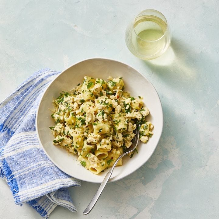 chicken bolognese in a pasta bowl