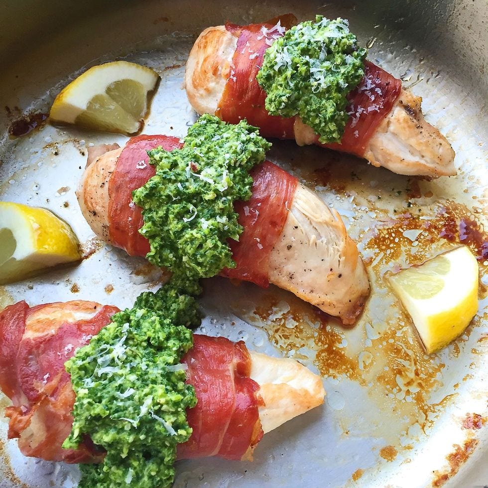 prosciutto wrapped chicken breasts with broccoli rabe pesto
