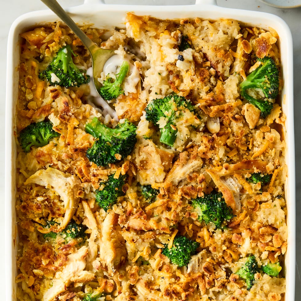 this creamy, cheesy, ritz cracker topped casserole is packed with chicken, rice, and freshly blanched broccoli with the quintessential cream of mushroom soup