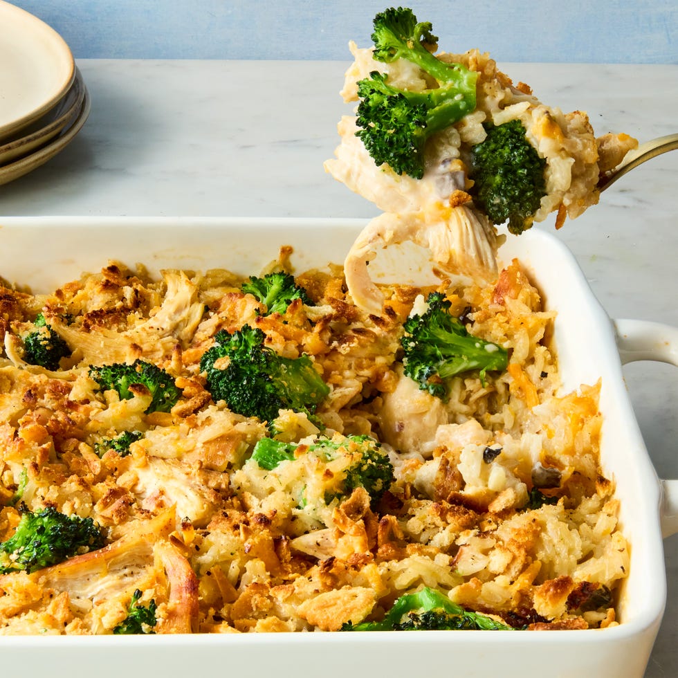 this creamy, cheesy, ritz cracker topped casserole is packed with chicken, rice, and freshly blanched broccoli with the quintessential cream of mushroom soup