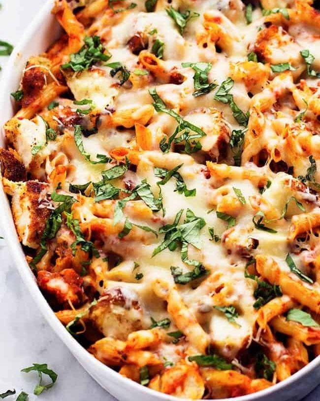 chicken parmesan casserole with pasta and basil