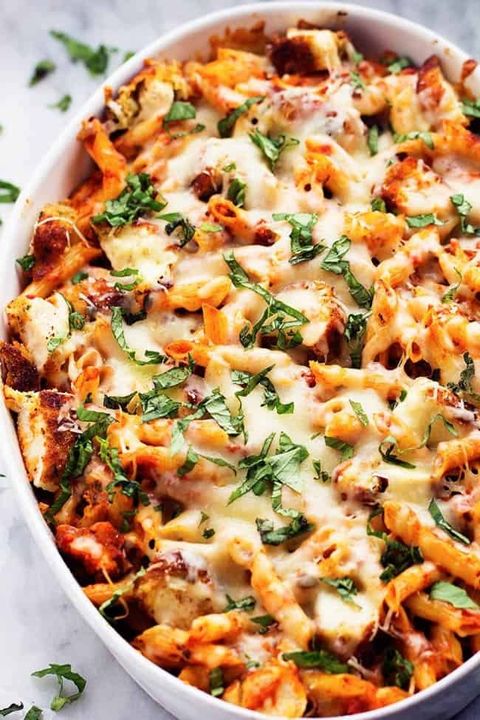 chicken parmesan casserole with pasta and basil