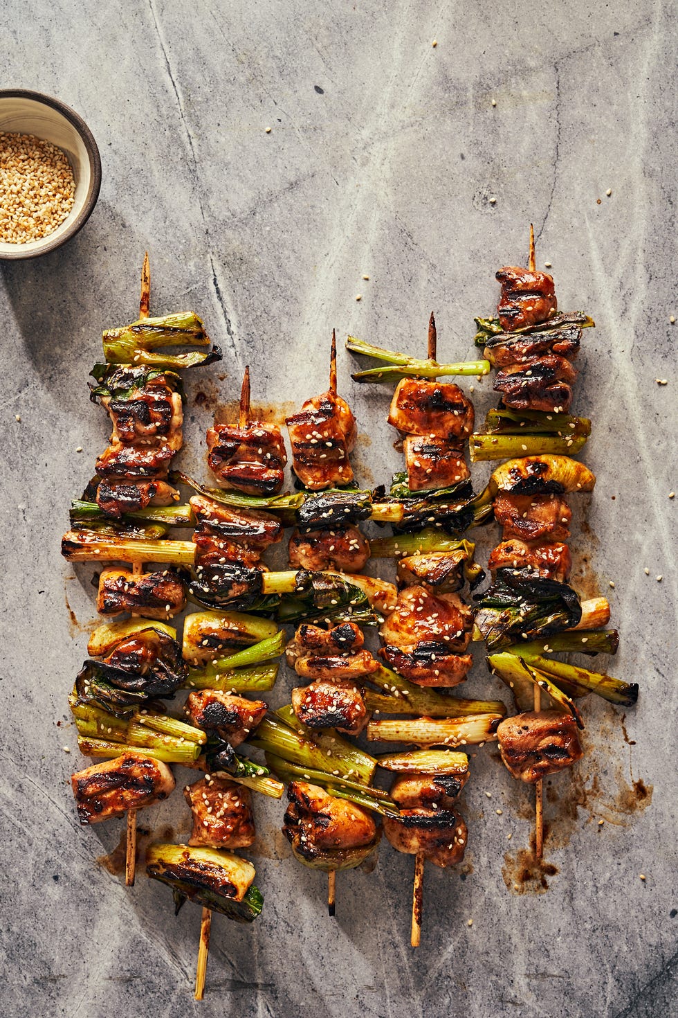 chicken, scallion, bok choy kebabs glazed with hoisin