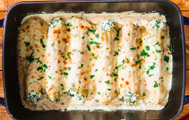 Broccoli Stuffed Manicotti with Jalapeno Cheese Sauce