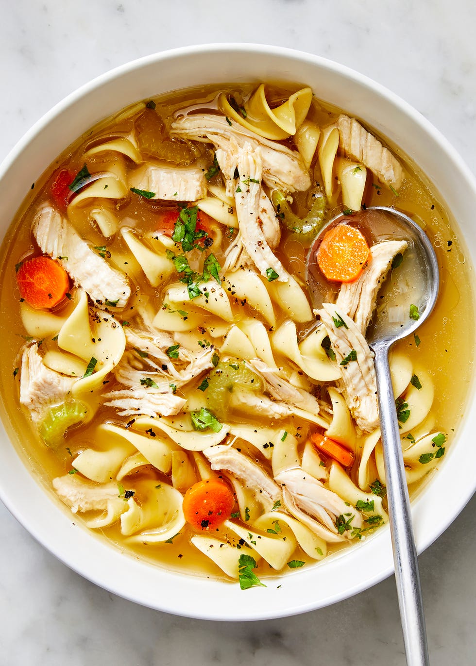 chicken noodle soup with carrots and egg noodles