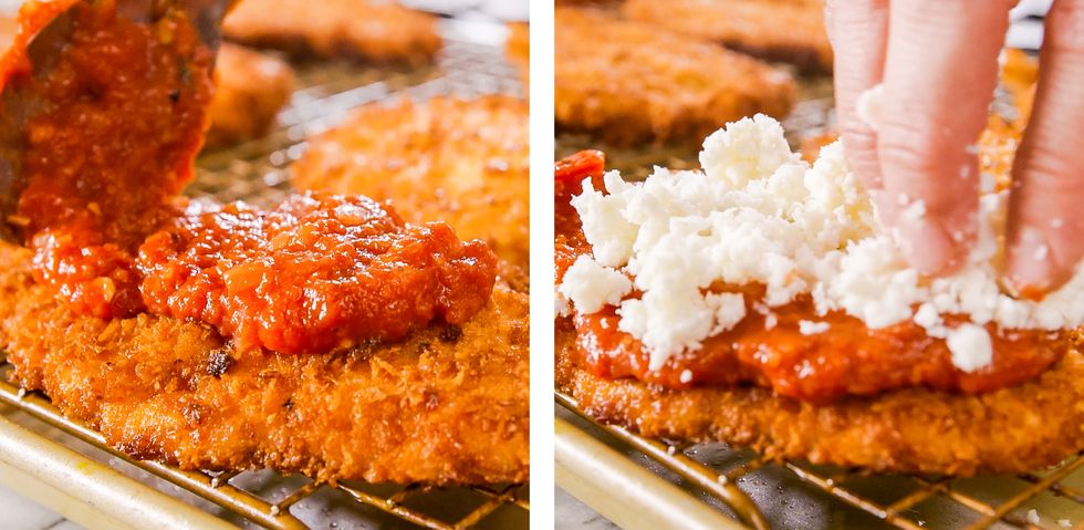 marinara and cheese sprinkled on top of fried chicken cutlets