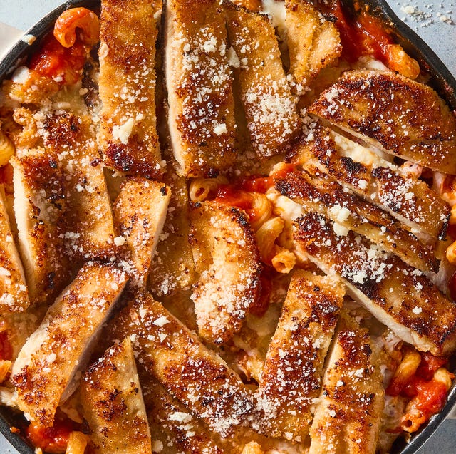 Chicken Parm Pasta red sauce pasta topped with cheese and sliced chicken breast