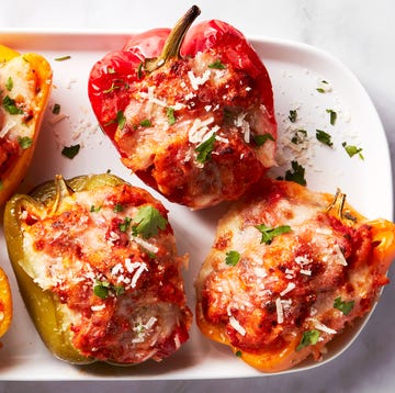 baked bell peppers stuffed with chicken, marinara sauce, and cheese