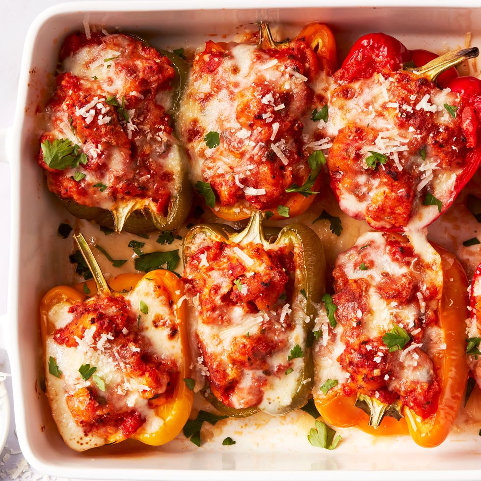 baked bell peppers stuffed with chicken, marinara sauce, and cheese