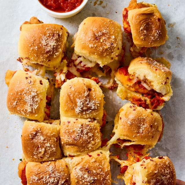 breaded chicken topped with cheese and marinara in slider buns