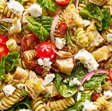 Chicken Pasta Salad chicken pasta salad with tomatoes, sliced red onion, feta, basil, and bacon