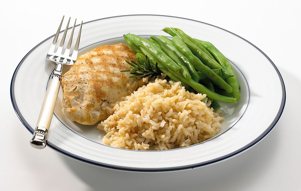 chicken, rice, and green beans 