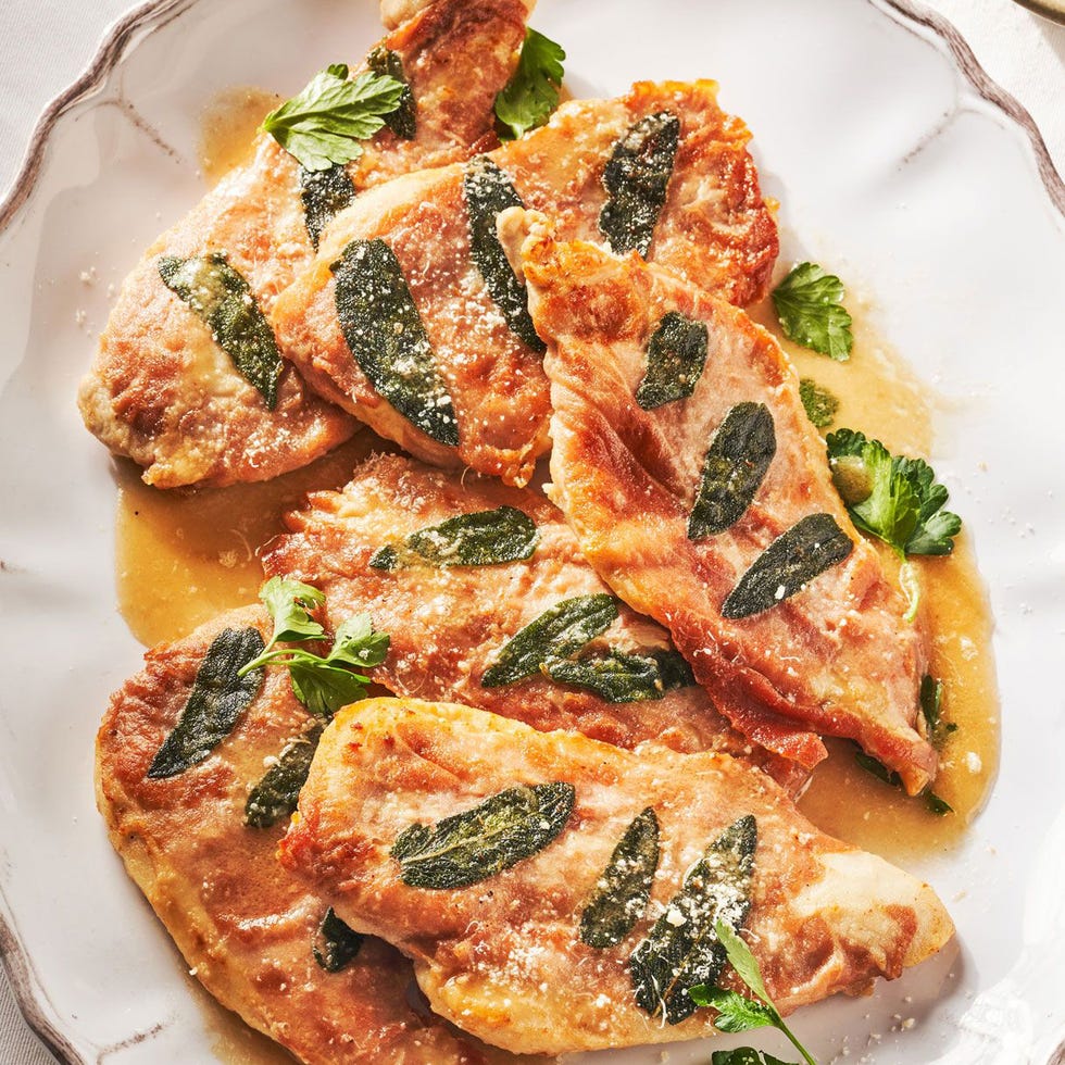 chicken saltimbocca topped with sage