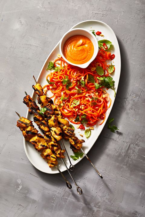 chicken satay with a spiralized carrot salad