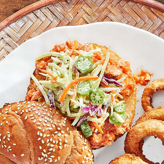 chicken sloppy joes with pickled okra slaw