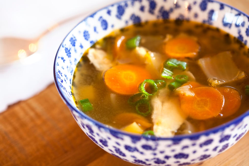 Chicken soup in a white and blue bowl