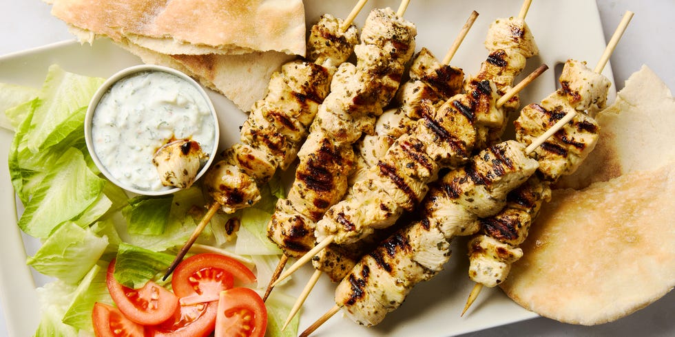 grilled chicken pieces on skewers
