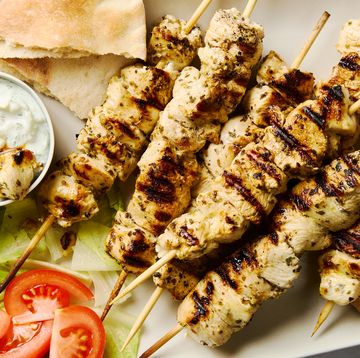 grilled chicken pieces on skewers