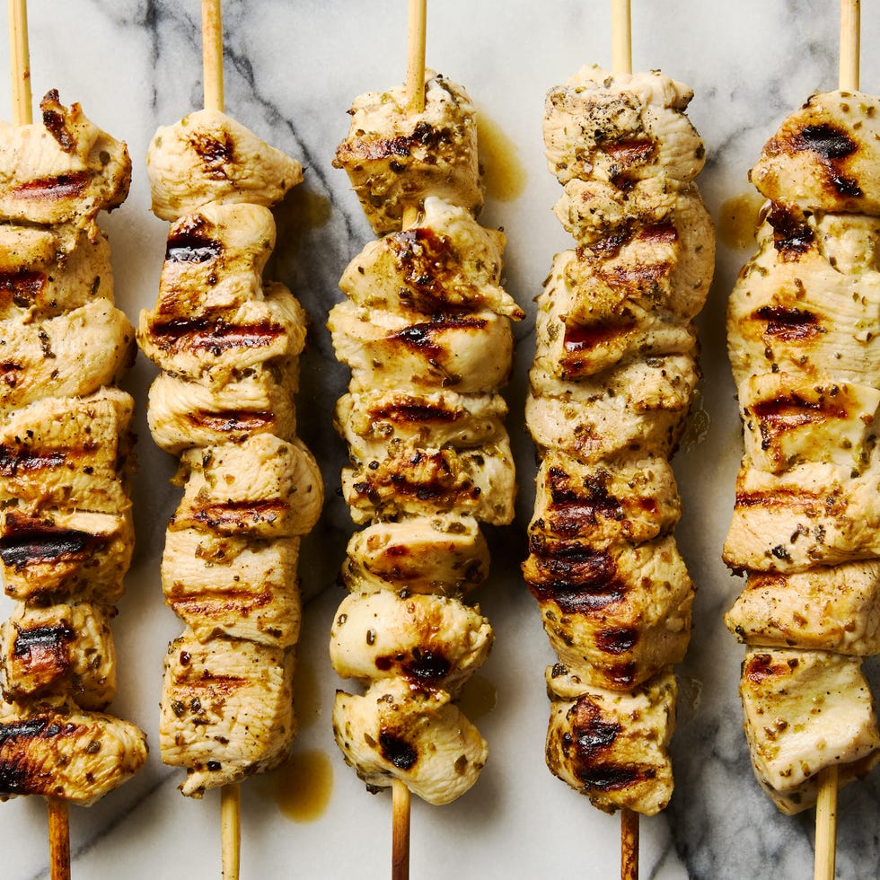 grilled chicken pieces on skewers