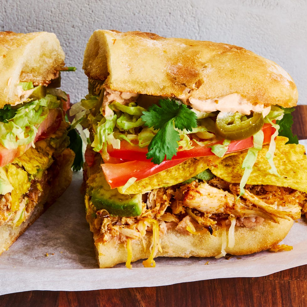 shredded chicken, veggies, and tortilla chips between two slices of bread