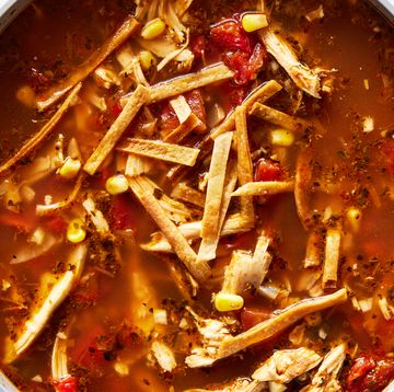 chicken tortilla soup with crispy tortilla toppings