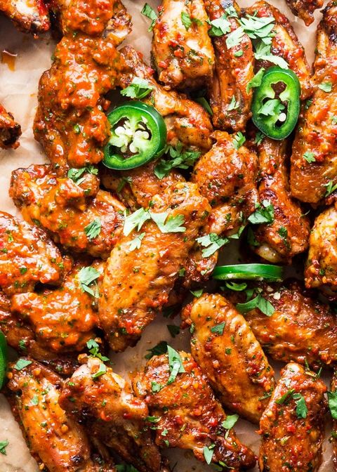 red chimichurri chicken wings with jalapenos