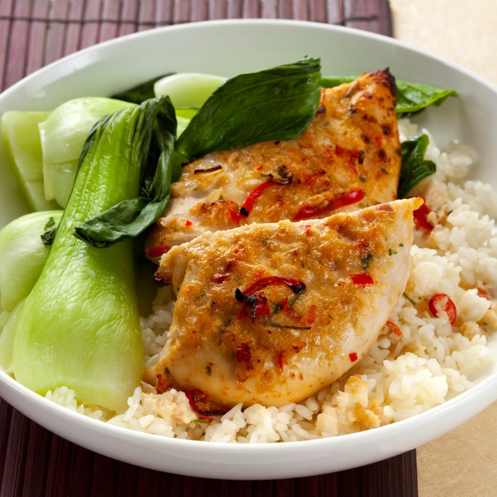 chicken with bok choy and white rice