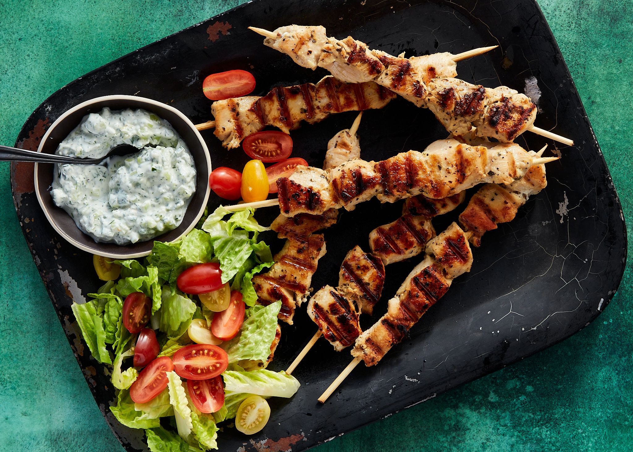 Chicken Souvlaki With Tzatziki Sauce and Greek Salad Recipe