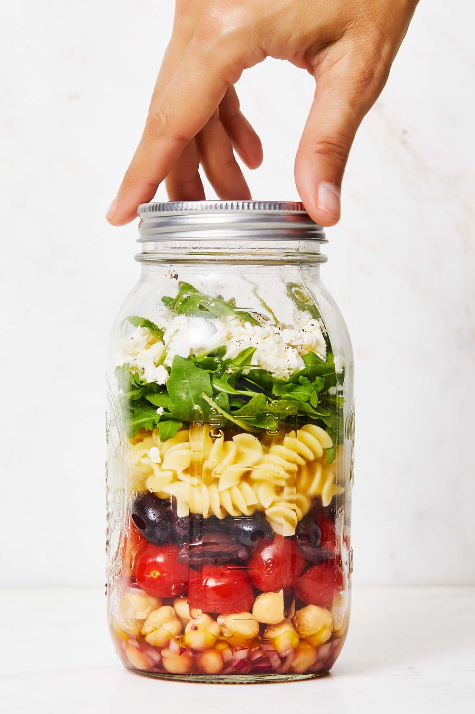 chickpea pasta salad in a jar