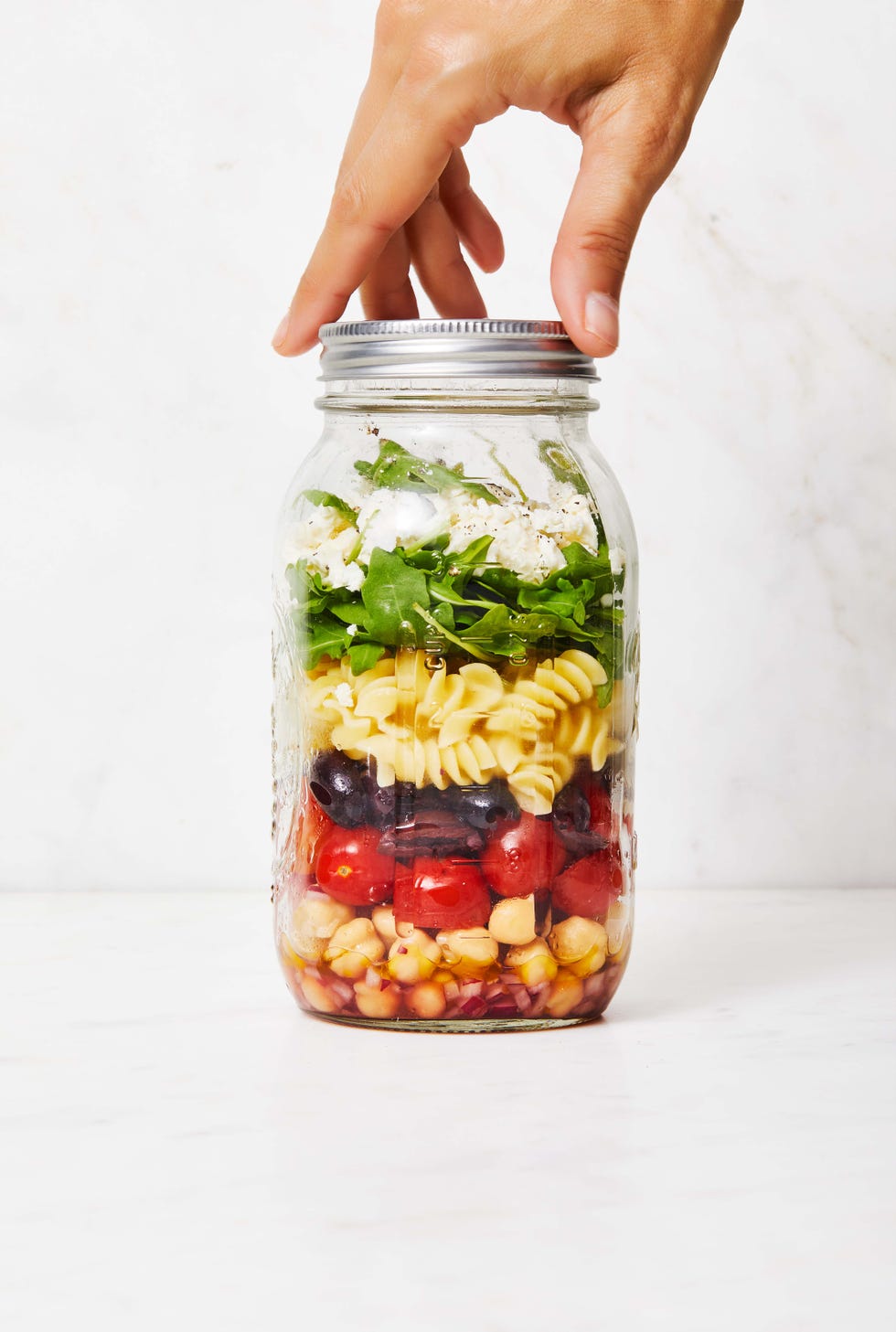 chickpea pasta salad in a jar
