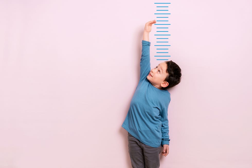 a child measuring their height against a wall