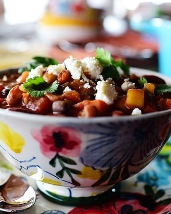 veggie chili in floral bowl