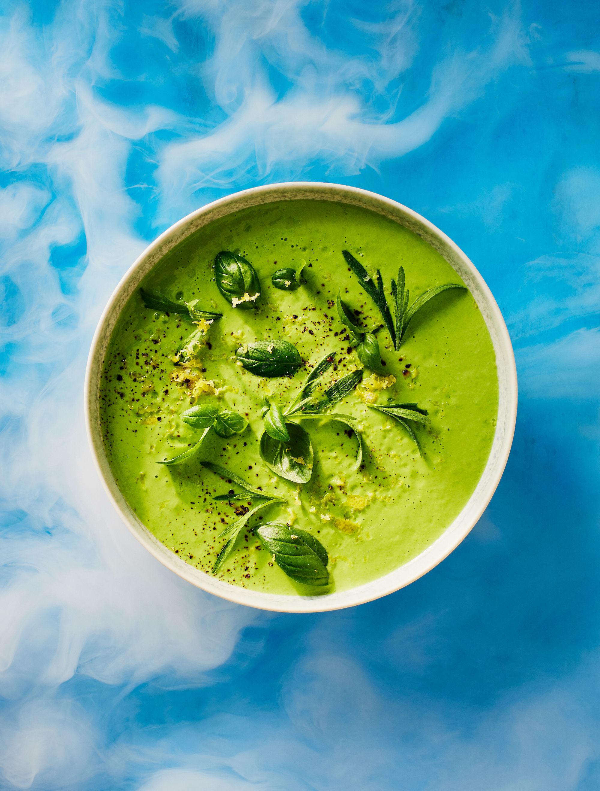 This chilled creamy basil and pea soup recipe packs a surprising