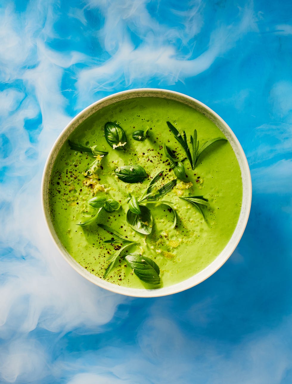 chilled creamy basil and pea soup