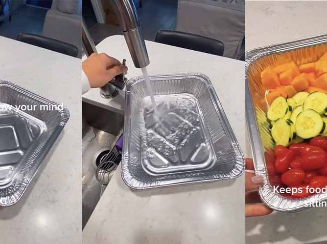 Create a giant ice tray with this foil pan hack to keep food cold