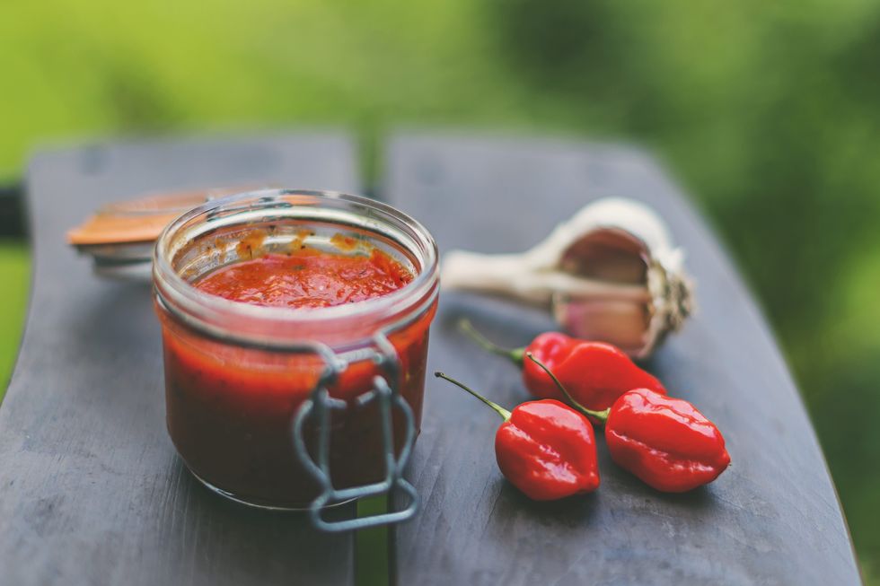 hot chilli sauce on garden table