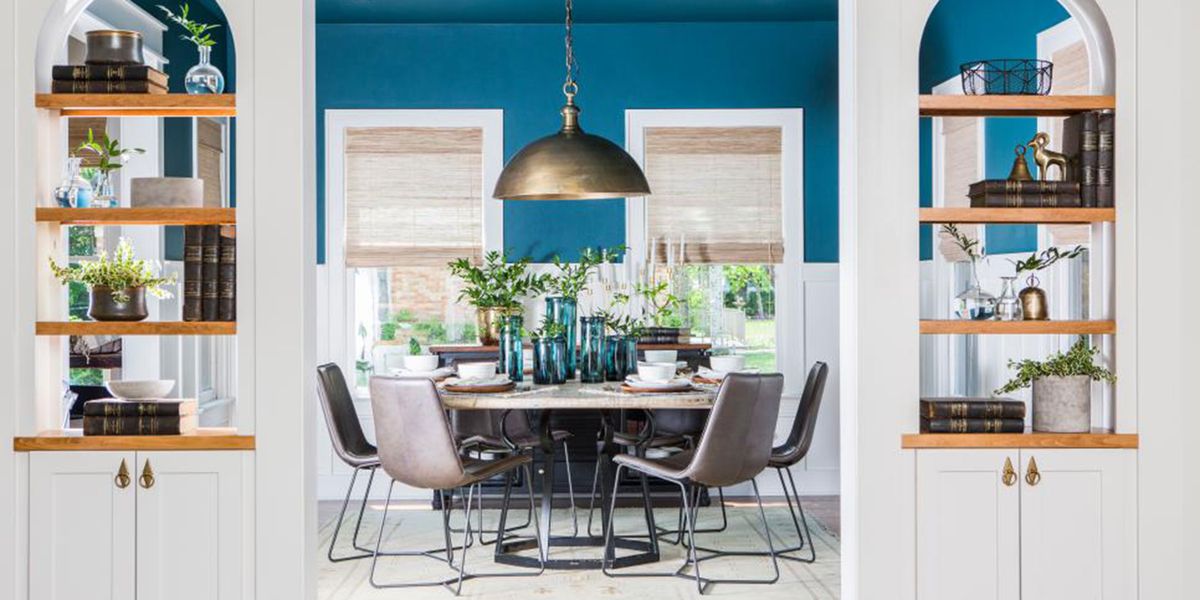 Dining room, Room, Furniture, Interior design, Blue, Turquoise, Table, Wall, Home, Kitchen & dining room table, 