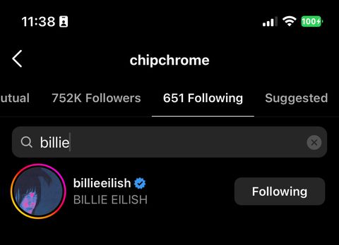 jesse rutherford's chip chrome account following billie eilish