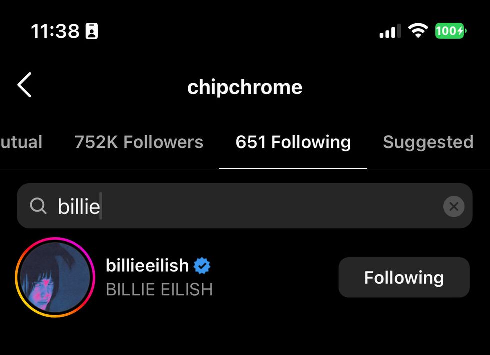 jesse rutherford's chip chrome account following billie eilish
