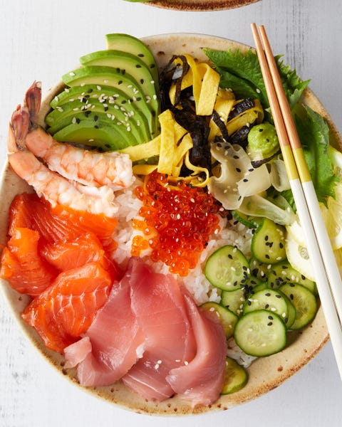 chirashi bowls with salmon, tuna and shrimp