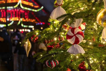 this is a close up photo of decorations on the christmas tree