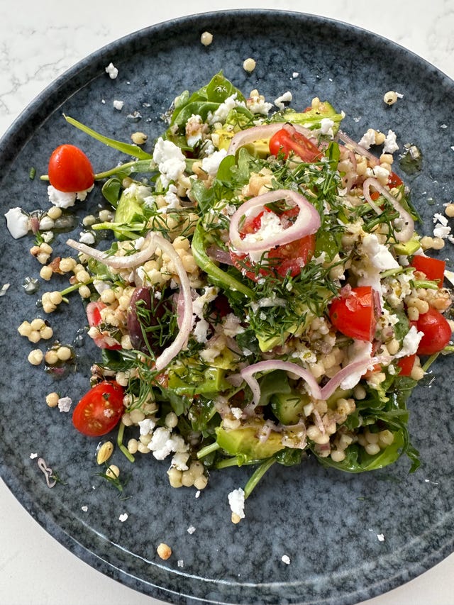 summer greek salad with pearl couscous