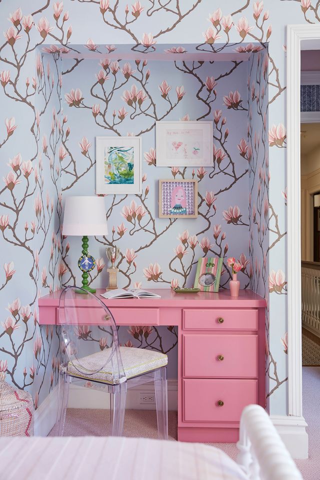Room, Pink, Wallpaper, Furniture, Interior design, Wall, Chest of drawers, Dresser, Plant, Curtain, 