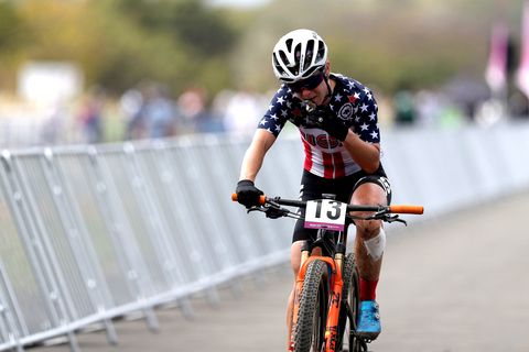 chloe woodruff of united states competes in women's race during the cycling mountain bike tokyo 2020 test event on october 06, 2019 in izu, shizuoka, japan