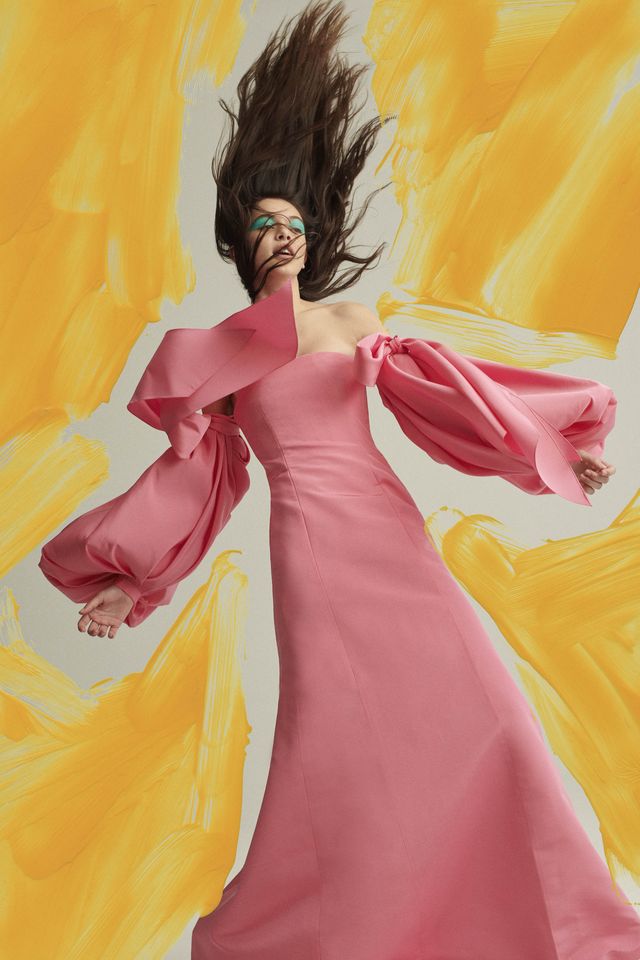 Yellow, Pink, Illustration, Dress, Anime, Costume design, Peach, Gown, Fictional character, Art, 