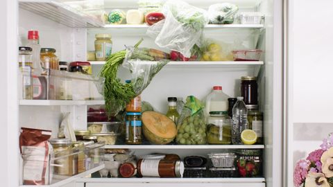 Refrigerator, Product, Major appliance, Room, Shelf, Home appliance, Kitchen appliance, Furniture, Kitchen, Preserved food, 