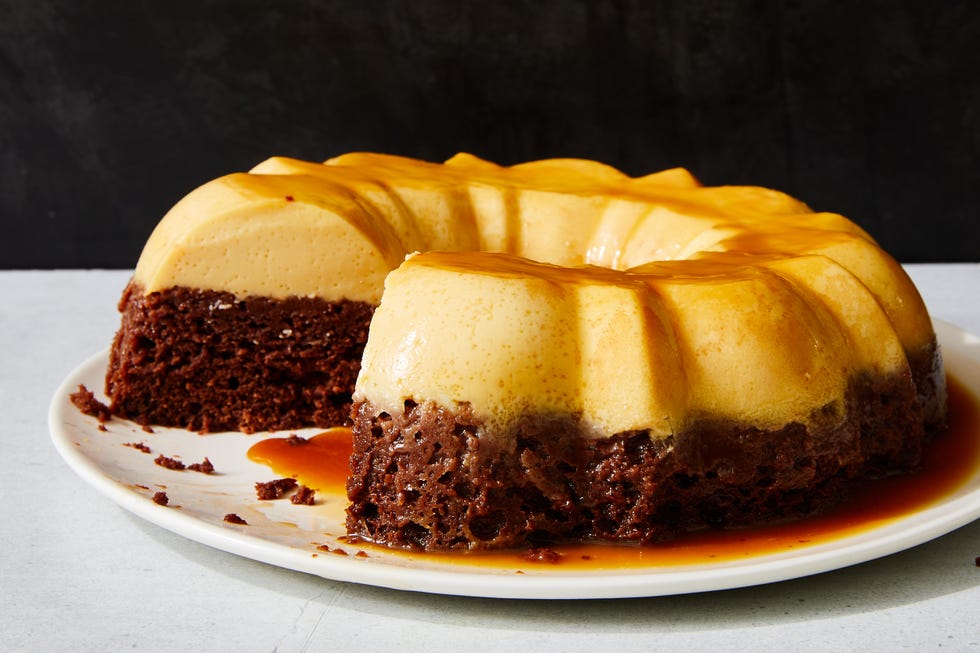 chocoflan with chocolate cake on the bottom and flan on top