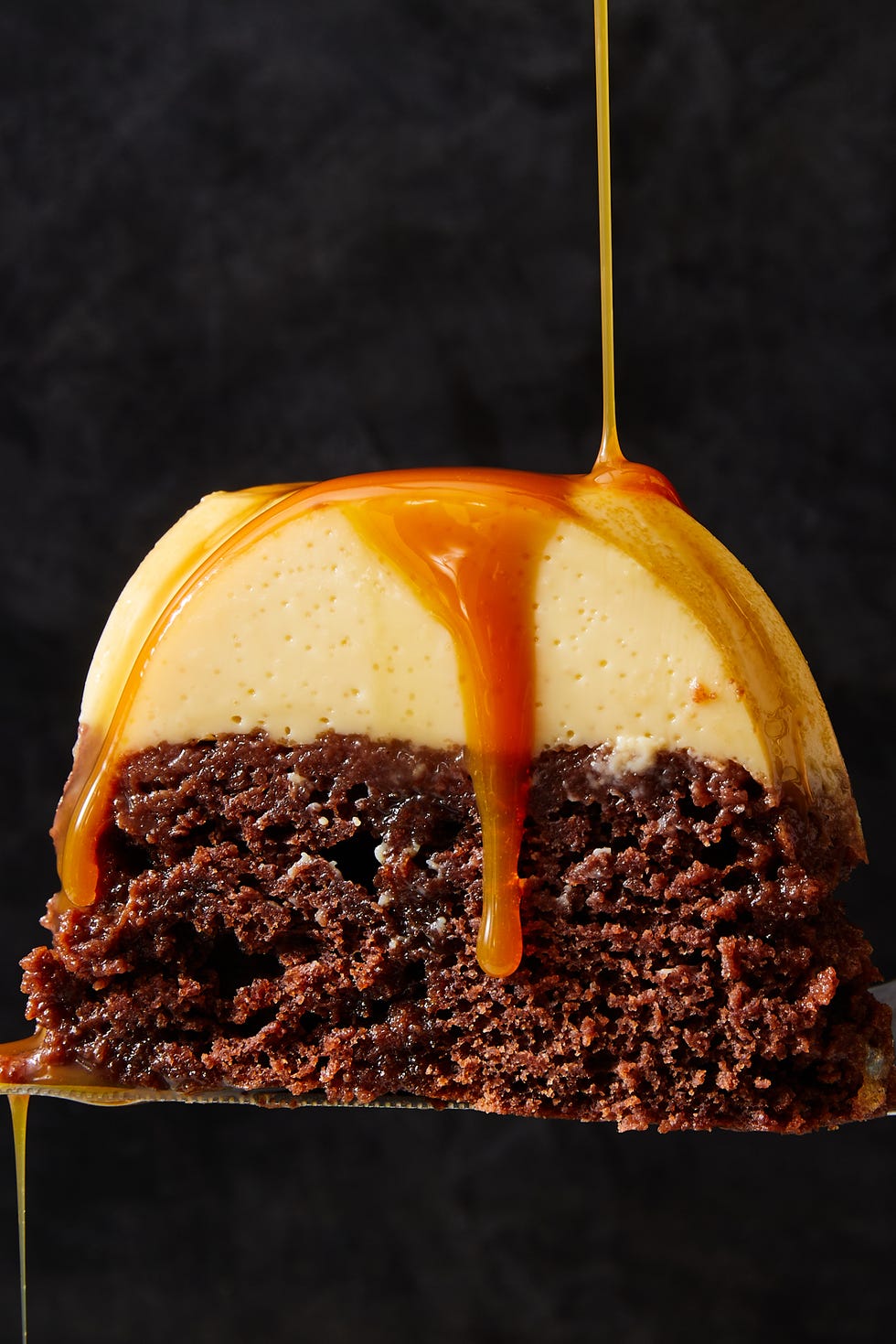 chocoflan with chocolate cake on the bottom and flan on top
